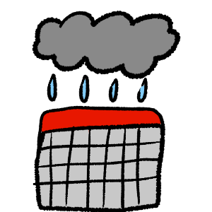 black outlines, on the top a grey cloud with 4 blue raindrops underneath, underneath it is a calendar with a red top bit
